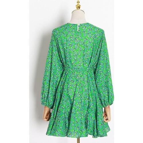 2021 Women Elegant Printing Lantern Dress O Neck Long Sleeve High Waist Lace Up Bowknot Mini Dresses Female Irregular Fashion