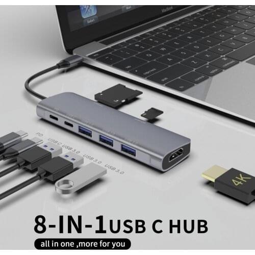8-in-1 Type-C Hub to 4K 3 USB 3.0 PD Micro-SD Adapter USB-C Hub Aluminum Alloy TF SD Reader Slot PD For PC