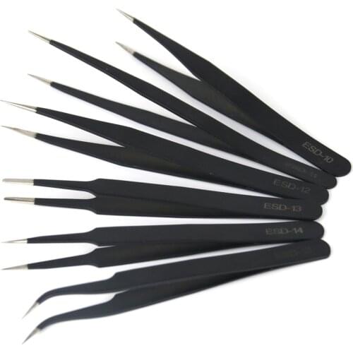 Anti-static ESD 10-15 Stainless Steel Tweezers Maintenance Tools Industrial Precision Curved Straight Tweezers BGA Repair Tools