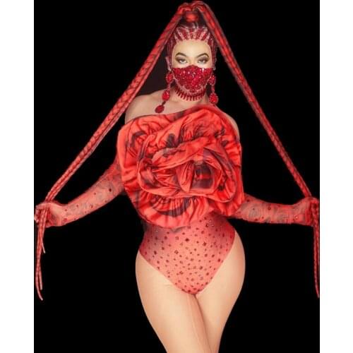 Sparkly Rhinestones Big Red Rose Bodysuit Gloves Set Women Sexy Dance Costume Stage Performance Wear Birthday Party Outift