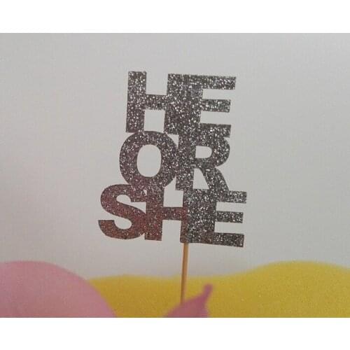 Glitter HE OR SHE cupcake Toppers baby shower birthday party cake decorations food picks supplies