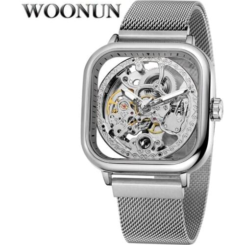 Fashion Transparent Watch Men Skeleton Watches Square Dial Magnetic Buckle Automatic Mechanical Wristwatches Clock Reloj Hombre