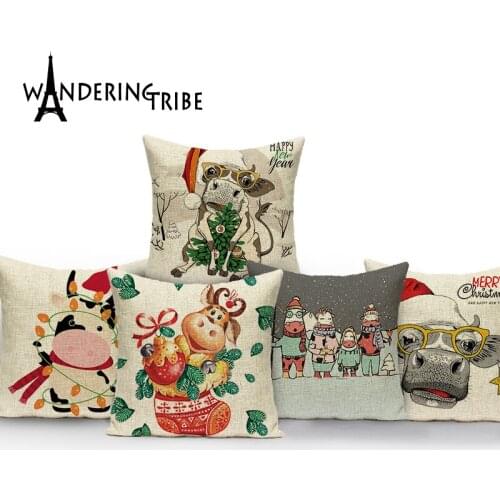 Cartoon Cow Elk Throwing Pillowcase Cover Animal Christmas Pillowcase Cartoon Style Decoration Home Decor Bed Pillow Case Sofa