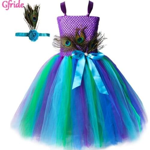 Princess Girls Peacock Costumes With Headband Kids Glitter Flower Tutu Dress Birthday Christmas Birthday Party Clothing 2-10Yr