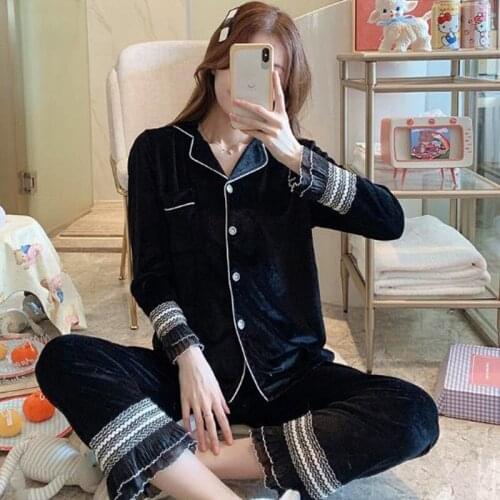 Fdfklak Flared Seeves Autumn Winter Pajamas New Gold Velvet Thick Sleep Top + Pant Two Piece Set Warm Ladies Nightwear Pijama