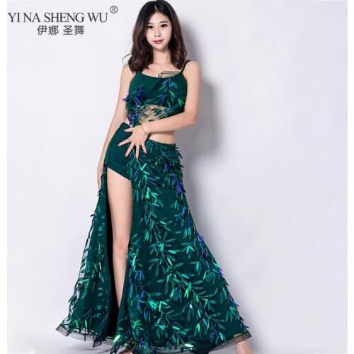 New Summer Belly Dance Top Skirt Set Training Clothes Beginner Performance Willow Leaves Long Skirt Oriental Net Yarn Dance Wear