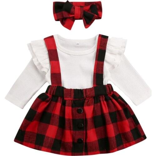 0-18 Months Baby Girl Clothes Sets 3pcs Knitted Tops Romper Plaids Print Bib Dress + Headband Newborn Christmas Outfit