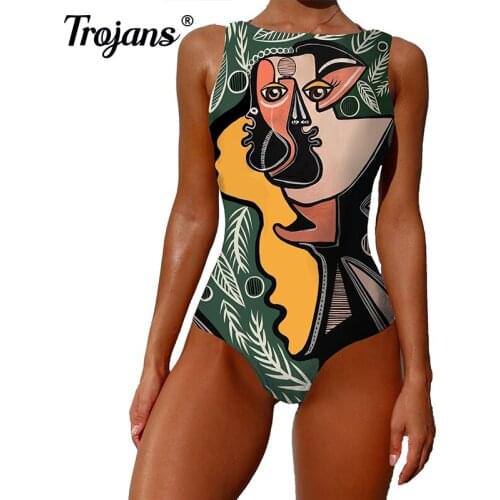 Summer Womens Swimwear Sexy Bikini Waist Swimsuit Abstract Print One-Piece Bathing Suit Push-Up Sleeveless Fashion Biqinis 2021