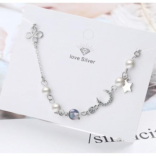 MB4 925 Sterling Silver Moon Star Imitationn Pearl Charms Bracelet Elegant Gradient Moonstone Zircon Bracelet For Women S-B304