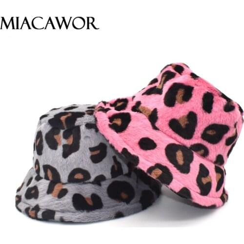 MIACAWOR New Winter Warm Panama Faux Fur Luxury Bucket Hat For Women Leopard Print Outdoor Fisherman Hat Girls Basin Cap M138