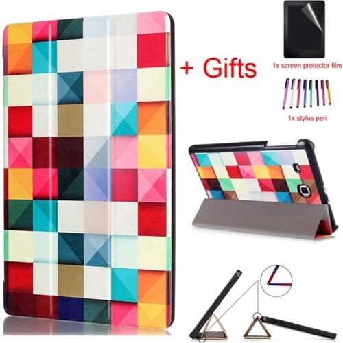 Fashion Case for Samsung Galaxy Tab E 9.6 T560 T561 Slim Folding Flip Stand Cover for Samsung Tab E 9.6" T560 shell+Film+Stylus