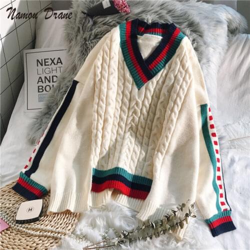 Namou Drane 2021 New Autumn Sweater Womens Turtleneck Irregular V-neck Loose Lazy Wind Wild Knit Sweater Top Korean Version