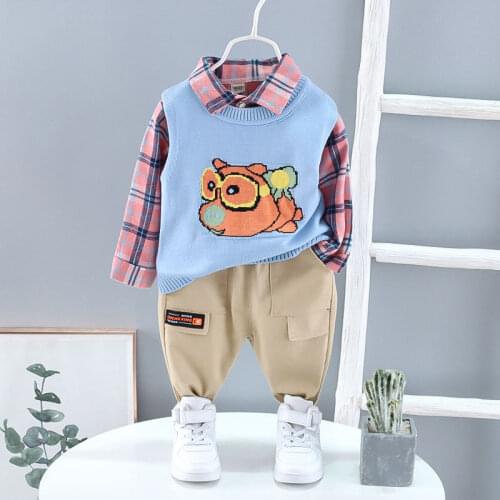 2021 New Children Baby Boys Clothing Kids Spring Cotton Cartoon Sweater Vest Shirt Pants 3pcs/Set Infant Gentleman Casual Suits
