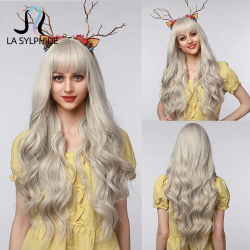 La Sylphide Synthetic Wig Long Body Wavy Silver Gray Blonde Hair Wigs with Bangs for Women Cosplay Party Lolita Heat Resistant