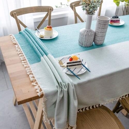 Japan Style Dining Table Cloth Blue Stitching Linen Cotton Waterproof Tablecloth Tassel Pendant Decor Rectangle Table cover