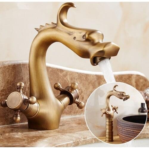 Dragon Carved Basin Faucet Antique Bronze Bathroom Vessel Sink Faucet Dual Handle Bathroom Mixer Tap Luxury Washbasin Faucet
