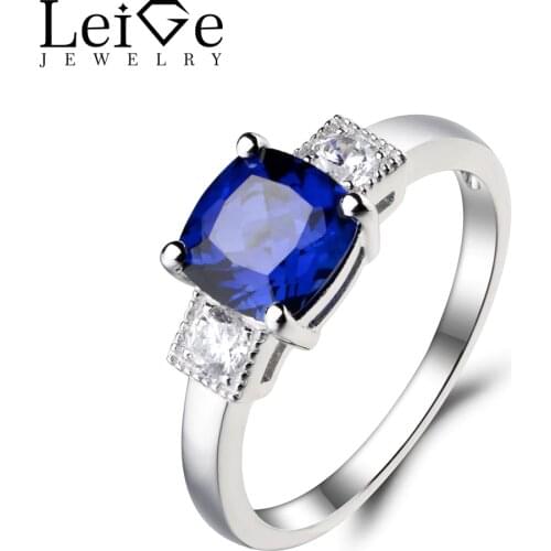 Leige Jewelry Cushion Cut Lab Blue Sapphire Ring Promise Ring Gemstone 925 Sterling Silver September Birthstone Solitaire Ring