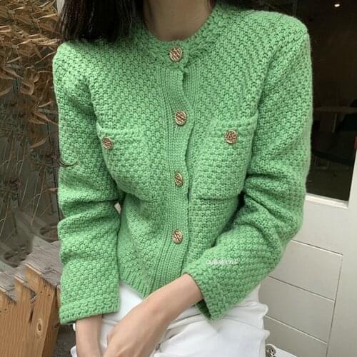 Spring Vintage O-neck Double Pockets Sweaters 2021 Chic Exquisite Button Coat Autumn Loose All-match Knitted Cardigans