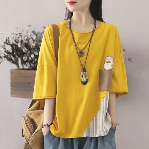 Cotton Retro Artistic 2021 Summer New Embroidered Patch Short-Sleeved T-shirt for Women Plus Size Loose Top