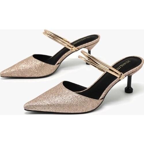 Women Sandals Women High Heels Sandals Summer Shoes Sequined Cloth Slip On 6CM Thin High Heels Pointed Toe Shallow Golden Silver