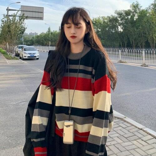 Female Korean Harajuku Striped Lazy Wind Loose Sweater Womens Sweaters Japanese Kawaii Ulzzang Cute Clothing For Women