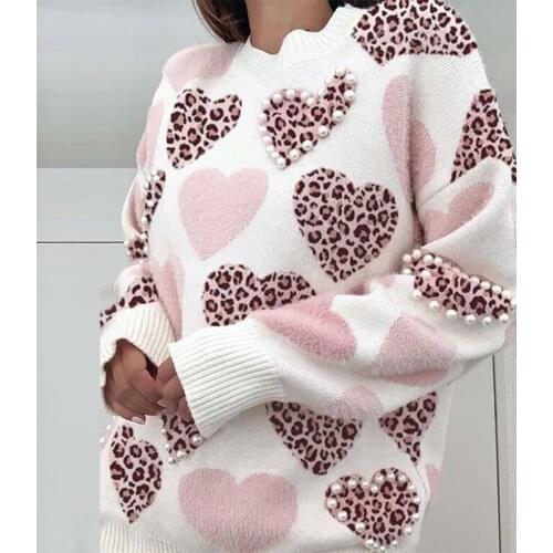 Autumn Heart Leopard Print Knit Sweater Elegant Pearl Beaded Women Sweet Casual Sweaters Winter Warm O Neck Long Sleeve Pullover