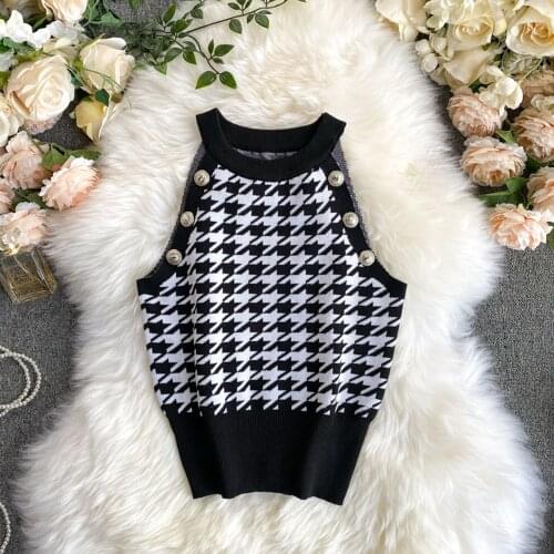 Brand Designer Clothes 2021 Luxury Vintage Summer Women Sexy Slim Strapless Sleeveless Black White Houndstooth Knitted Vest Top