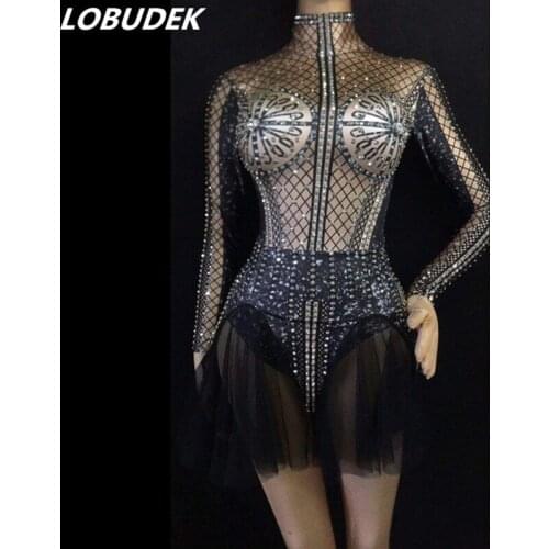 Personality 3D Printed Rhinestones Short Dress Long Sleeve Bling Crystal Mini Dress Women Nightclub Costume Bar Party Stage Wear