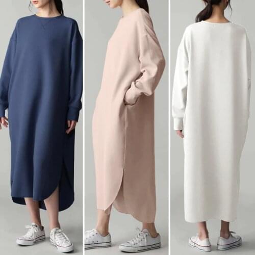 Women Autumn Pocket Sweatshirt Dress Lady Casual Side Fork Irregular Robe ZANZEA Round Neck Long Sleeves Vestidos Plus Size 5XL