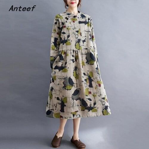 Anteef long sleeve plus size cotton vintage floral dresses for women casual loose spring autumn dress elegant clothing 2021