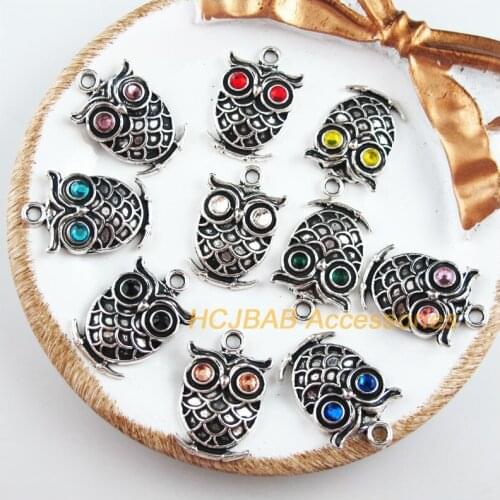 Fashion 10Pcs New Animal Owl Charms Tibetan Silver Tone Mixed Crystal Pendants 15x24mm