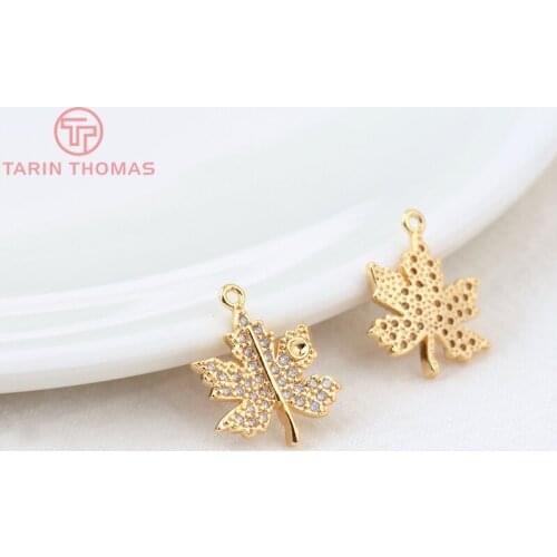 4PCS 12x15MM 24K Gold Color Brass with Zircon Maple Leaf Leaves Charms Pendants High Quality Jewelry Making Findings Accessories