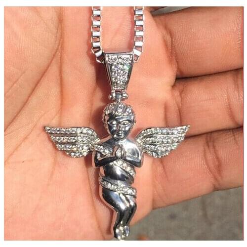 2017 high quality factory rock punk women hip hop micro pave angel piece necklace pendant for men