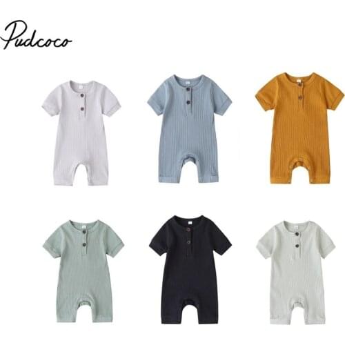 2020 Baby Summer Clothing Infant Newborn Baby Girl Boy Ribbed Solid Romper Short Sleeve Jumpsuit Knitted Stylish Cotton Sunsuit