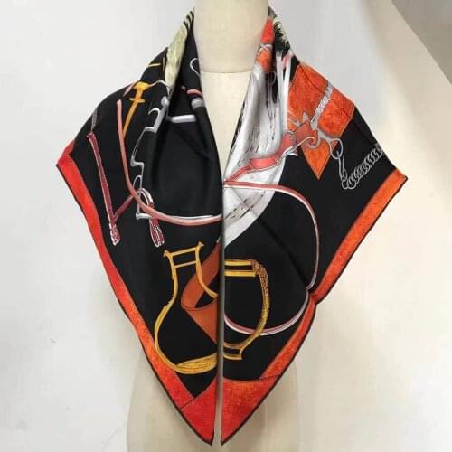 2021 new arrival winter spring classic orange chain 100% real silk scarf twill hand made roll 90*90 cm shawl wrap for women lady
