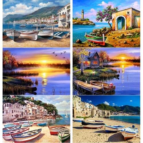 5D DIY Diamond Painting Beach Fishing Boat Diamond Embroidery Sea View Cross Stitch Full Square Round Drill Home Decor Art Gift