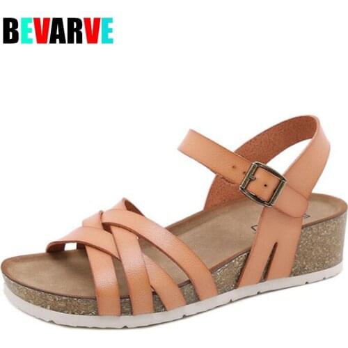 BEVARVE New Summer 2021 Women PU Leather Sandals Women Magic Stick Button Sponge Massage Students Sandals Comfortable Hot Sell