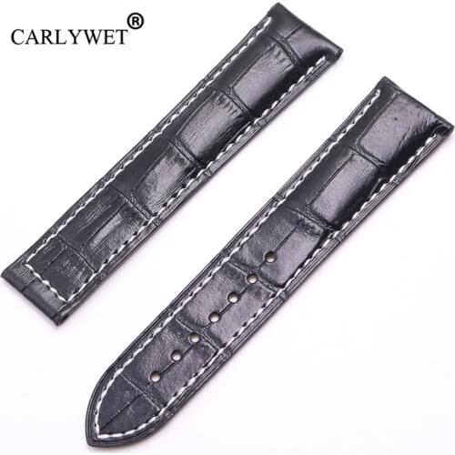 CARLYWET 20 22mm Wholesale Black With white Stitches High Quality Genuine Leather Replacement Watch Band Strap Belt For Omega