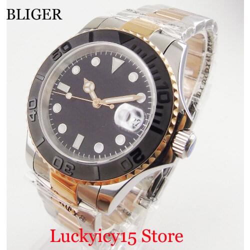 Nologo Men Watch Black Dial Sapphire Glass 40mm Wristwatch Date Window Gold Plated Mental Bracelet Automatic Movement