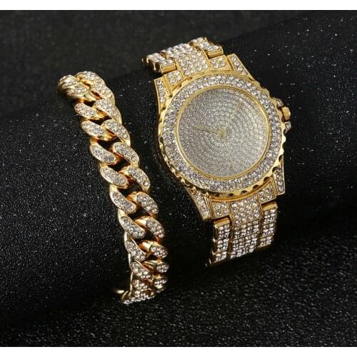 Watch with Bracelet for Women Cuban Chain Charm Bracelet Iced Out Watch for Women Simple Diamond Gold Watch Set Jewelry Set Gift