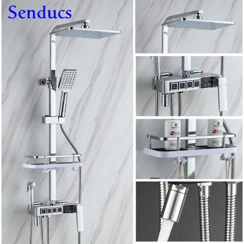 Digital Bathroom Shower Set Senducs Polished Chrome Brass Bathroom Mixer Faucet Luxury Chrome Thermostatic Shower Mixer Set
