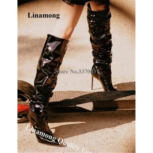 Women Classical Style Pointed Toe Patent Leather Knee High Stiletto Heel Boots Shining Black White Pleated Long High Heel Boots