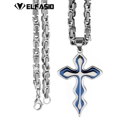 Elfasio Mens Stainless Steel Necklace 3 layers Cross Silver Blue Color Pendant Chain Jewelry