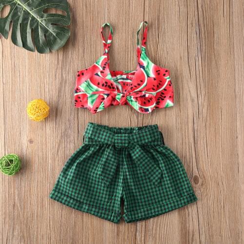 Emmababy Summer Toddler Baby Girls Clothes Watermelon Bow Vest Crop Tops Shirt +Plaid Short Pants Outfits