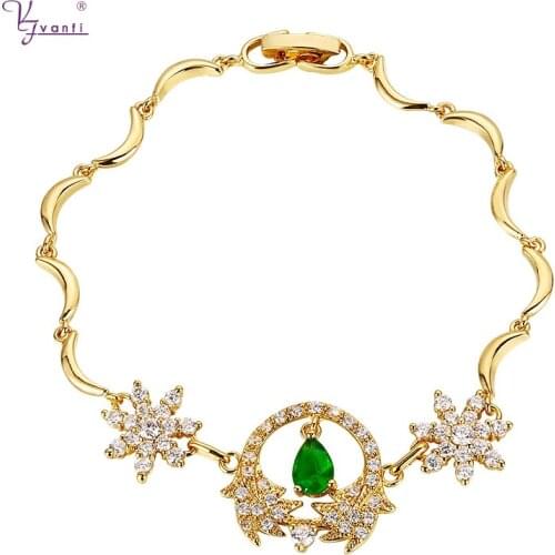 Kfvanfi New Style Christmas Gift New Gold Color Snowflake Shape Green Color Water Drop Hollow Out Bead Bracelets Gifts For Women