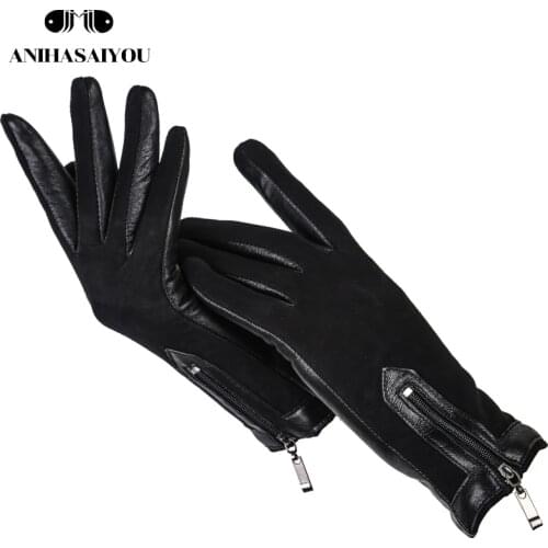 Zipper short womens leather gloves,High grade sheepskin womens winter gloves,Matte leather black womens gloves - 0716