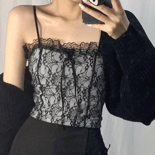 Missnight Black Floral Lace Top Ruffles Sexy Tank Tops Double Layers Sling Bow Gothic Top Streetwear Camis Top 2021 Vintage
