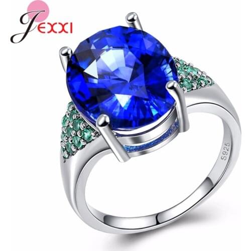 Hot Soild 925 Sterling Silver Round Blue Austrian Crystal Wedding Engagement Rings For Female Gift Women Ring Jewellery