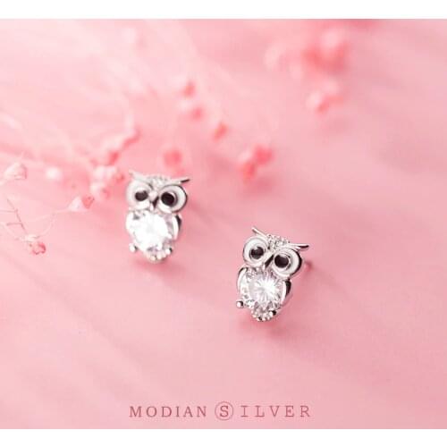 MODIAN Classic Real 925 Sterling Silver Sparkling AAA Zircon Cute Owl Stud Earring for Women Simple Animal Ear Pin Fine Jewelry