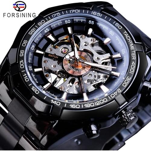 Forsining Racing Sport Clock Male Luminous Hands Mens Mechanical Watch Top Brand Luxury Black Stainless Steel Relogio Masculino